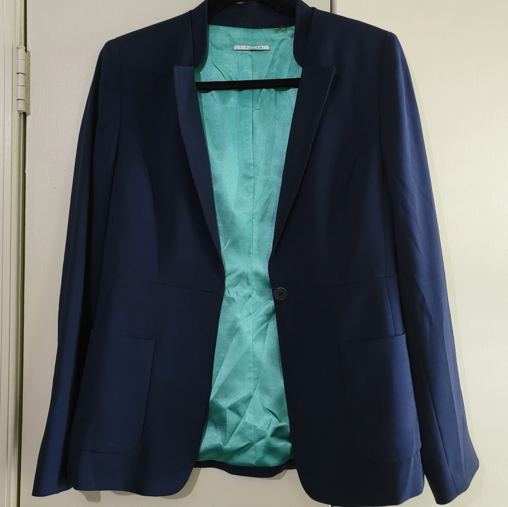 T Tahari Collarless Navy Blue Blazer Jacket